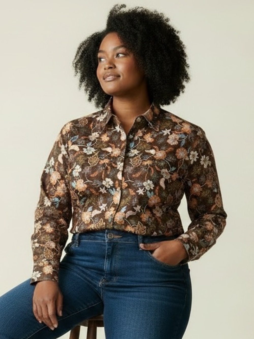 Lands End Supima Cotton No Iron Floral Button-Down Shirt Size 16 XL Work Church